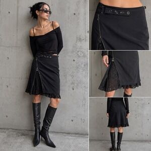 Indies Skirt Womens 2 Black Avant Garde Gorpcore Techwear Eyelet Zipper Midi
